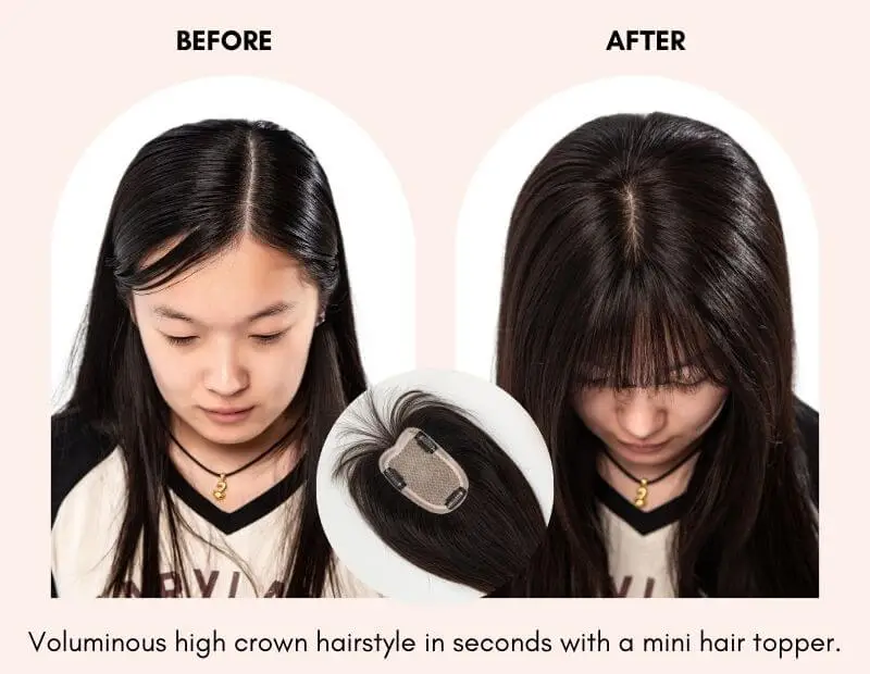 A voluminous high crown hairstyle with mini hair topper