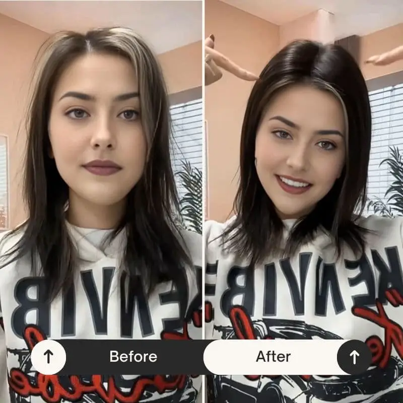 before & after wearing a mini hair topper